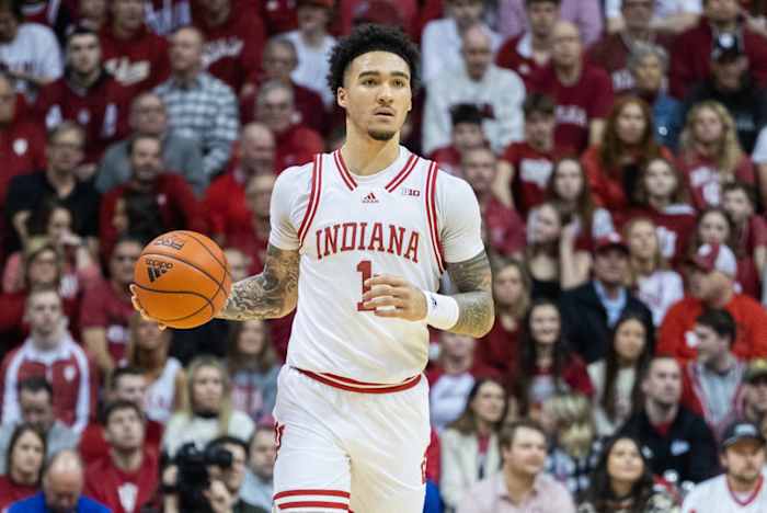Indiana Hoosiers guard Jalen Hood-Schifino (1) dribbles the ball in the first half against the Ohio State Buckeyes at Simon Skjodt Assembly Hall.
